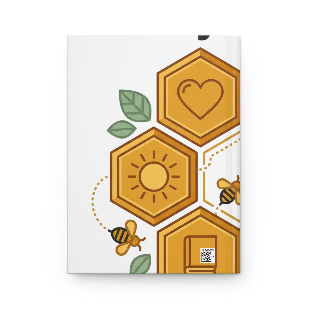 Find Your Hive design on a white hardcover journal, angled cover view